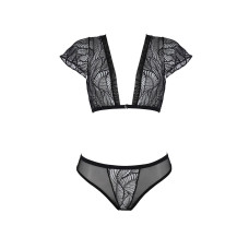Комплект Passion LEAFA BIKINI black, XXL/XXXL, бюстгальтер-топ з рукавчиками, стрінги-шортики з вирізом