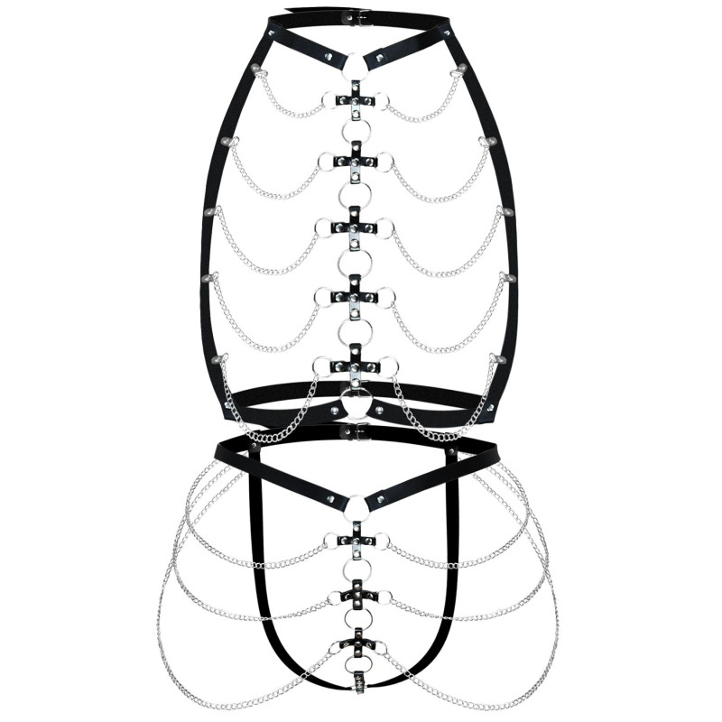 Набір портупея + трусики зі шкіри з ланцюжками Art of Sex - Cross, розмір L-2XL, колір чорний Набір портупея + трусики зі шкіри з ланцюжками Art of Sex - Cross, розмір L-2XL, колір чорний