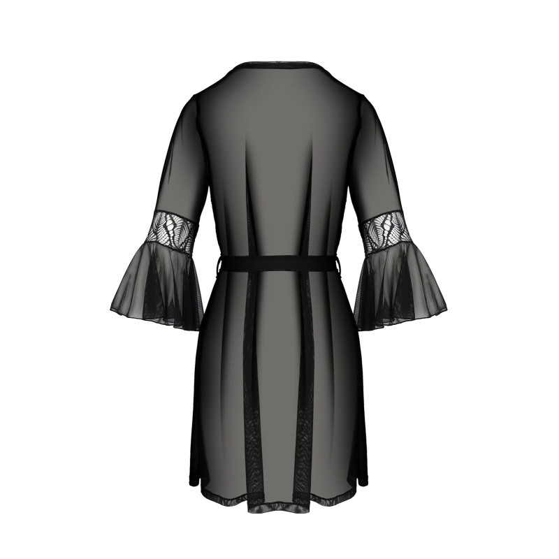 Пеньюар Passion LEAFA PEIGNOIR black, XXL/XXXL, длина чуть выше колена, широкие рукава, завязывается на пояс