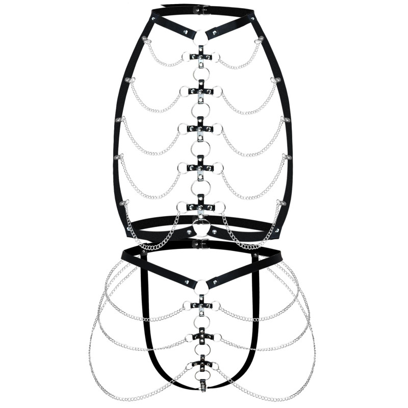 Набір портупея + трусики зі шкіри з ланцюжками Art of Sex - Cross, розмір XS-M, колір чорний Набір портупея + трусики зі шкіри з ланцюжками Art of Sex - Cross, розмір XS-M, колір чорний