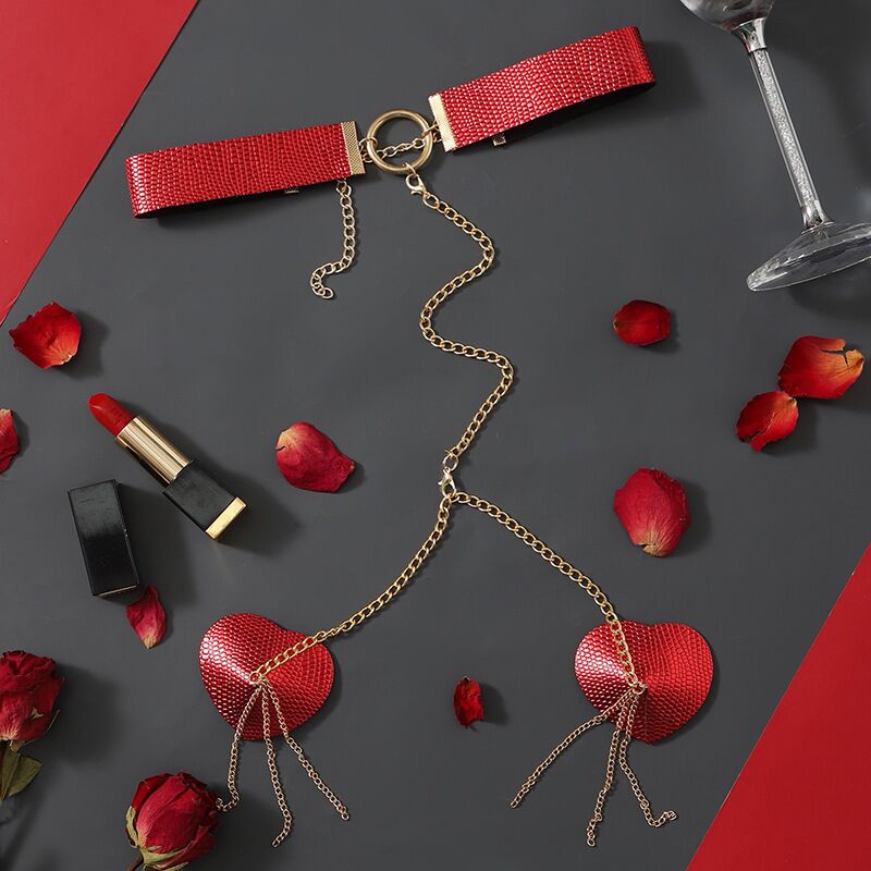 Пестис-сердечка з ланцюжками та чокером JSY Nipple Sticker RT236114 Red Пестис-сердечка з ланцюжками та чокером JSY Nipple Sticker RT236114 Red