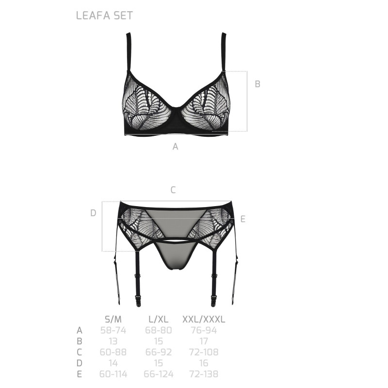 Комплект Passion LEAFA SET black S/M, мереживо+сітка, бюстгальтер на кісточках, стрінги, пояс для панчіх Комплект Passion LEAFA SET black S/M, мереживо+сітка, бюстгальтер на кісточках, стрінги, пояс для панчіх