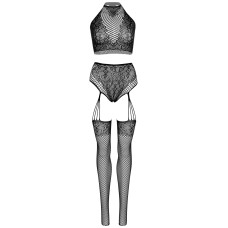 Эротический комплект Leg Avenue Crop top and garter panty Black, топ, трусики с доступом, чулки