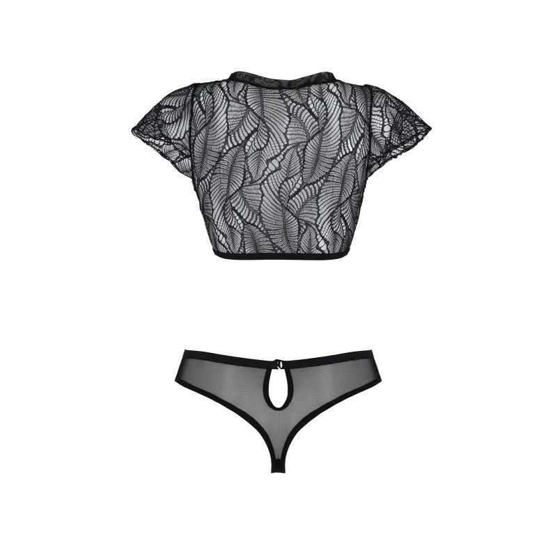 Комплект Passion LEAFA BIKINI black S/M, бюстгальтер-топ з рукавчиками, стрінги-шортики з вирізом Комплект Passion LEAFA BIKINI black S/M, бюстгальтер-топ з рукавчиками, стрінги-шортики з вирізом