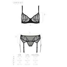 Комплект Passion LEAFA SET black, L/XL, мереживо+сітка, бюстгальтер на кісточках, стрінги, пояс для панчіх