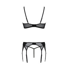 Комплект Passion LEAFA SET black, L/XL, мереживо+сітка, бюстгальтер на кісточках, стрінги, пояс для панчіх