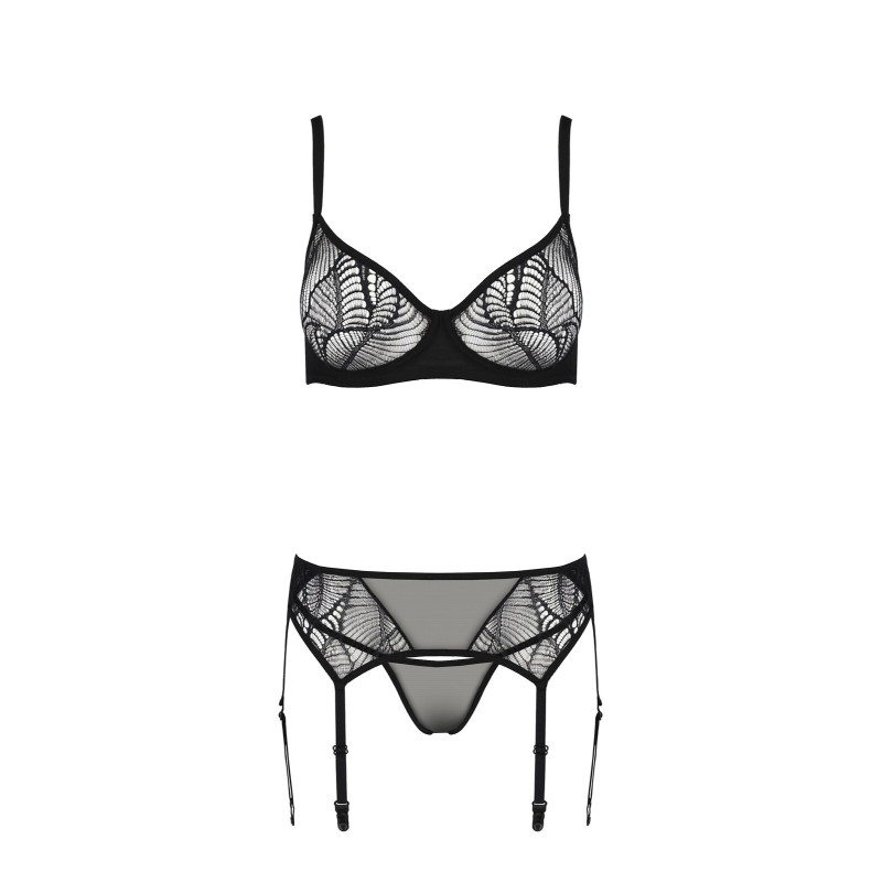 Комплект Passion LEAFA SET black, L/XL, мереживо+сітка, бюстгальтер на кісточках, стрінги, пояс для панчіх Комплект Passion LEAFA SET black, L/XL, мереживо+сітка, бюстгальтер на кісточках, стрінги, пояс для панчіх