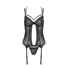 Корсет Passion DROSERA CORSET black, S/M, з кріпленнями для панчіх, трусики в комплекті