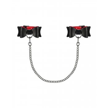 Кожаные наручники-банты с длинной цепью Obsessive A745 cuffs, черно-красные