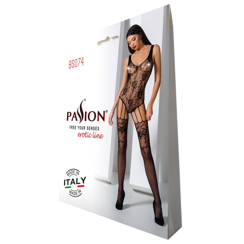 Ажурный бодистокинг с имитацией чулок Passion BS074 black Ажурный бодистокинг с имитацией чулок Passion BS074 black