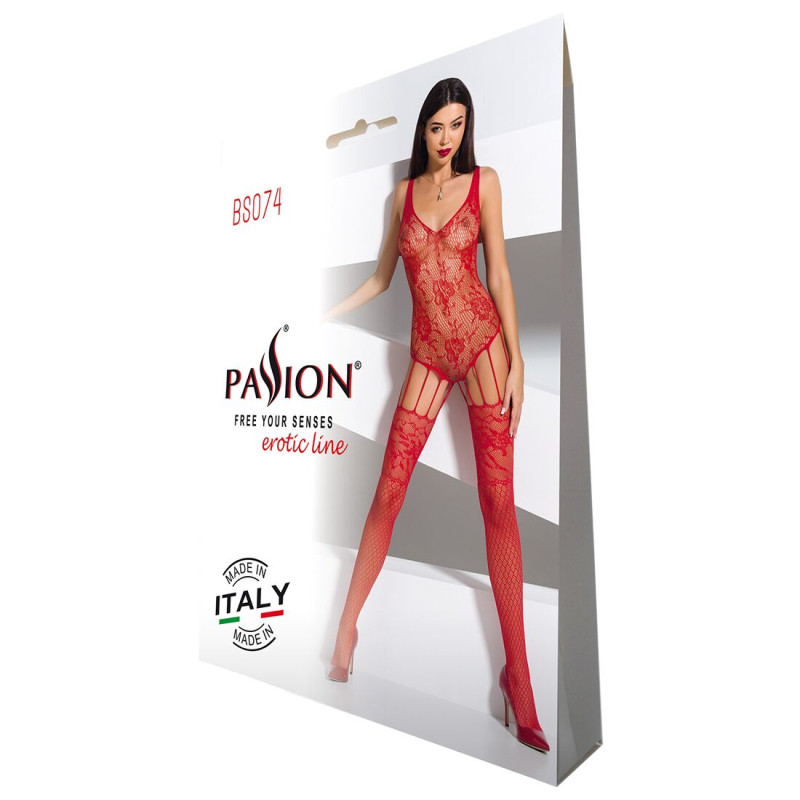 Ажурный бодистокинг с имитацией чулок Passion BS074 red Ажурный бодистокинг с имитацией чулок Passion BS074 red