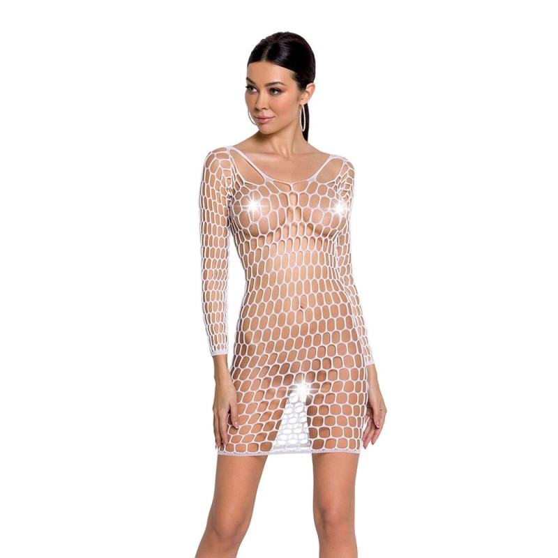 Бодістокінг-сукня з глибоким коміром Passion BS093 white Бодістокінг-сукня з глибоким коміром Passion BS093 white