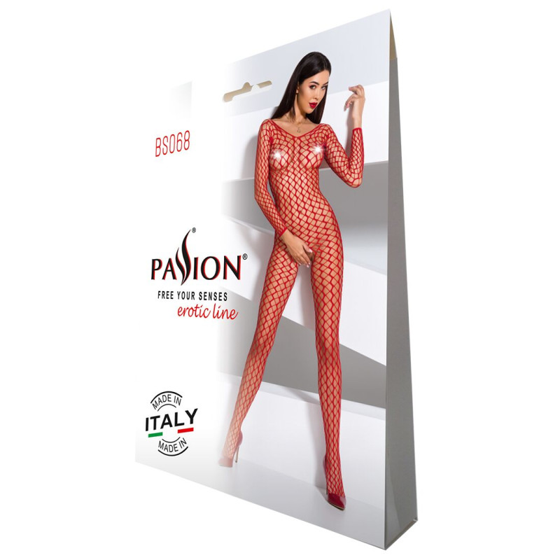 Бодістокінг Passion BS068 red, комбінезон, велика сітка, довгий рукав Бодістокінг Passion BS068 red, комбінезон, велика сітка, довгий рукав