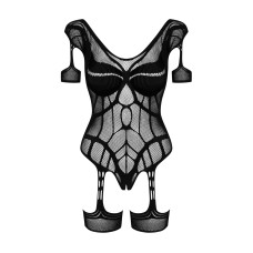 Нейлоновый бодистокинг с имитацией гартер Obsessive Bodystocking G334 черный S/M/L