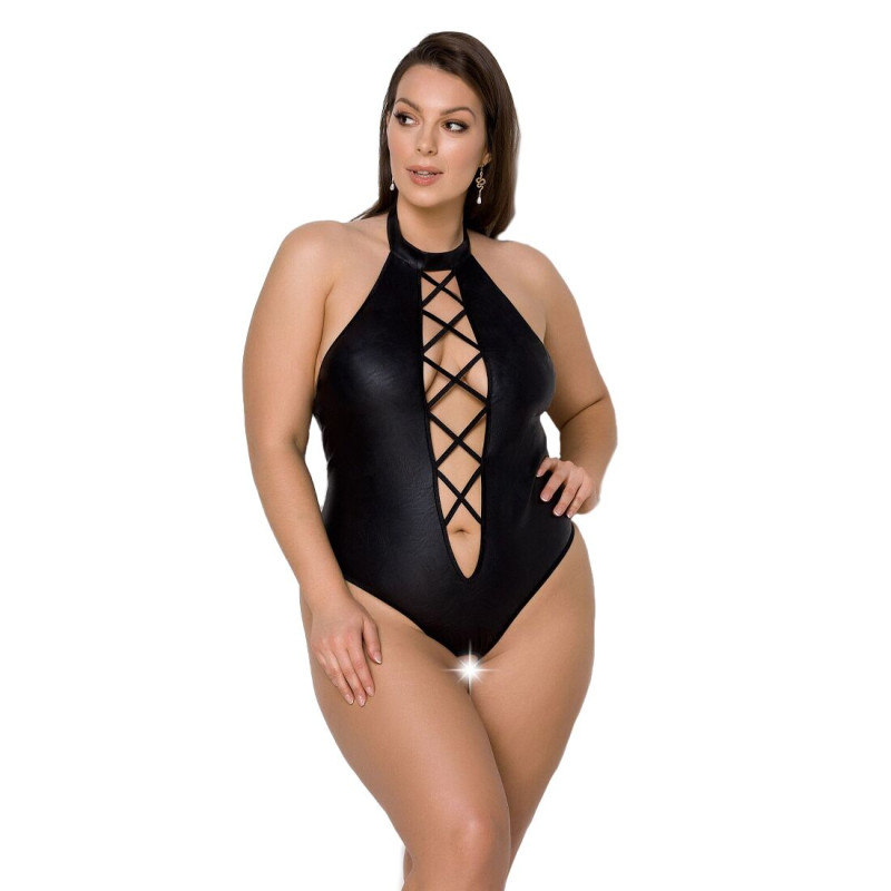 Боді з еко-шкіри з імітацією шнурівки та відкритим доступом Passion Nancy Body black 4XL/5XL Боді з еко-шкіри з імітацією шнурівки та відкритим доступом Passion Nancy Body black 4XL/5XL