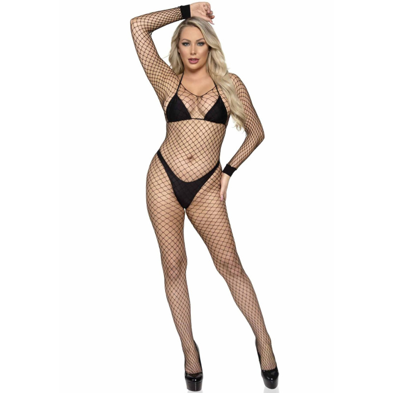Бодистокинг в большую сетку Leg Avenue Long Sleeved Bodystocking Black One size Бодистокинг в большую сетку Leg Avenue Long Sleeved Bodystocking Black One size