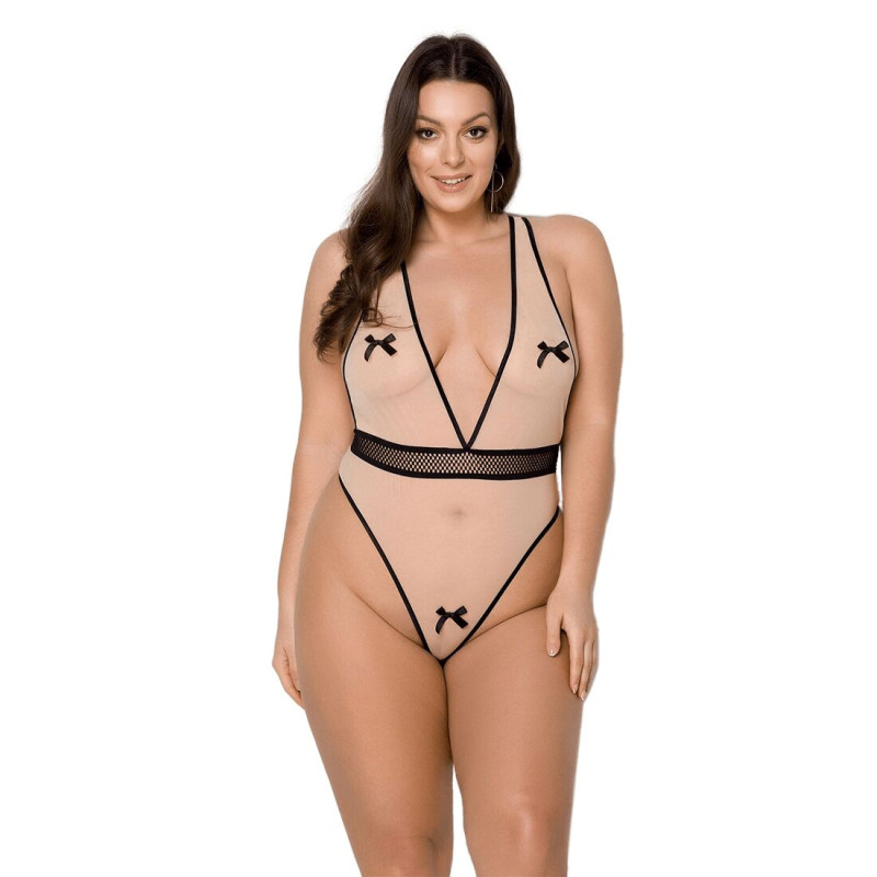 Боді Passion Viena Body beige 6XL/7XL, контрастне, бантики, вставка-сітка, відкриті сідниці Боді Passion Viena Body beige 6XL/7XL, контрастне, бантики, вставка-сітка, відкриті сідниці