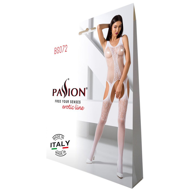 Бодистокинг с имитацией чулок и ажурной вставкой Passion BS072 white Бодистокинг с имитацией чулок и ажурной вставкой Passion BS072 white