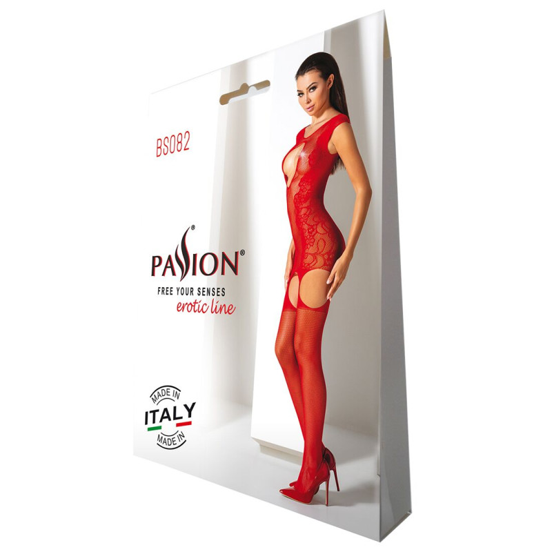 Ажурный бодистокинг с чулками Passion BS082 red Ажурный бодистокинг с чулками Passion BS082 red
