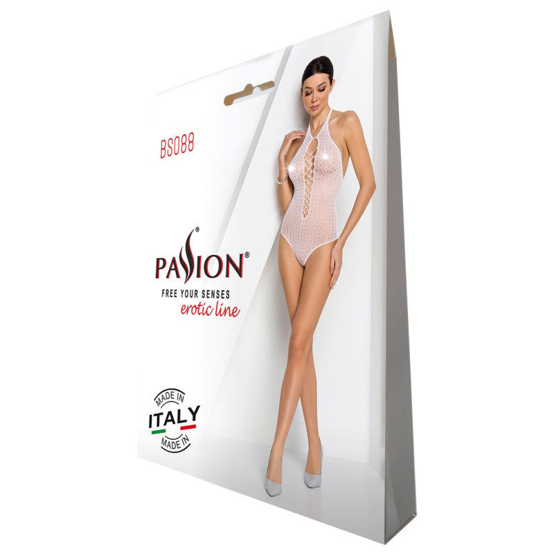 Бодистокинг из декольте Passion BS088 white, имитация корсетной шнуровки Бодистокинг из декольте Passion BS088 white, имитация корсетной шнуровки