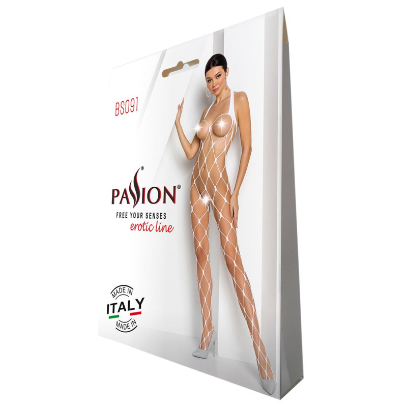 Бодістокінг у дуже велику сітку Passion BS091 white, з доступом Бодістокінг у дуже велику сітку Passion BS091 white, з доступом