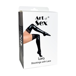 Сексуальные виниловые чулки Art of Sex - Lora с кружевом, размер M, цвет красный
