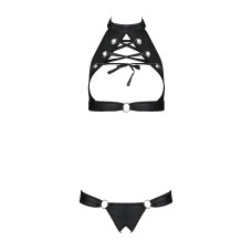 Комплект из экокожи Passion Malwia Set with Open Bra 4XL/5XL black, топ и трусики с люверсами