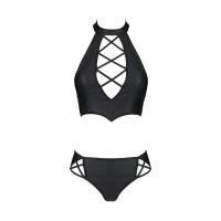 Комплект з еко-шкіри Passion Nancy Bikini 6XL/7XL black, бра та трусики з імітацією шнурівки