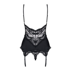 Сатиновий мереживний корсет Obsessive 810-COR-1 babydoll & thong корсет, танга, чорний S/M