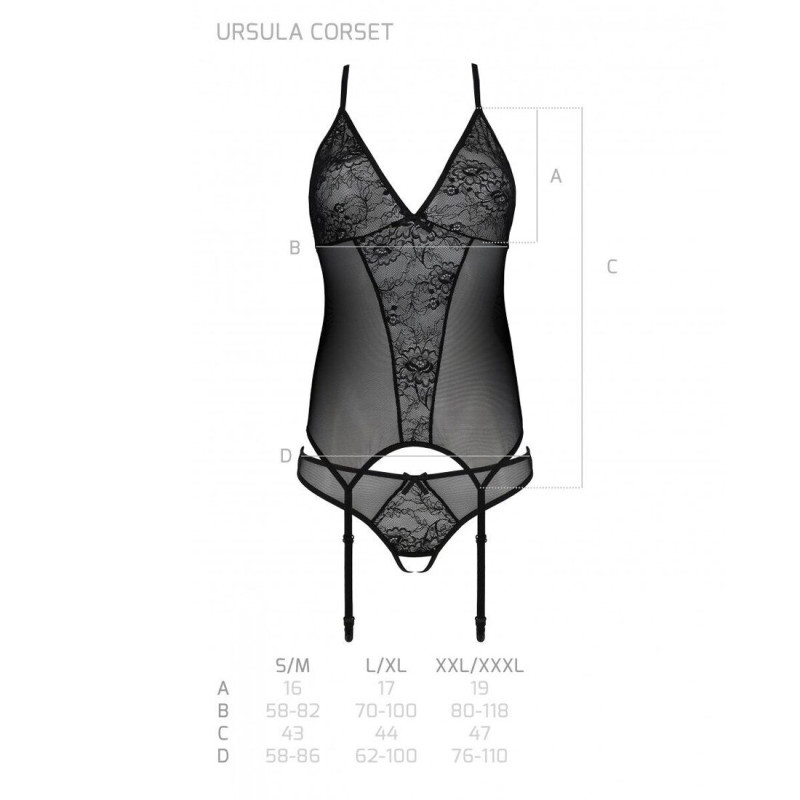 Корсет с пажами, трусики с ажурным декором и открытым шагом Passion Ursula Corset black L/XL Корсет с пажами, трусики с ажурным декором и открытым шагом Passion Ursula Corset black L/XL
