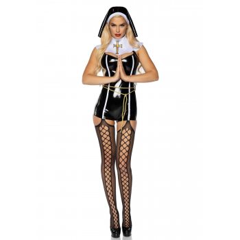 Виниловый костюм монахини Leg Avenue Sinful Sister L, комбинезон, воротник, пояс, головной убор