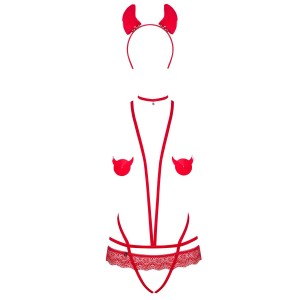 Эротический костюм чёртика со стрепом Obsessive Evilia teddy красный L/XL