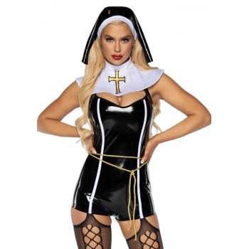 Виниловый костюм монахини Leg Avenue Sinful Sister M, комбинезон, воротник, пояс, головной убор