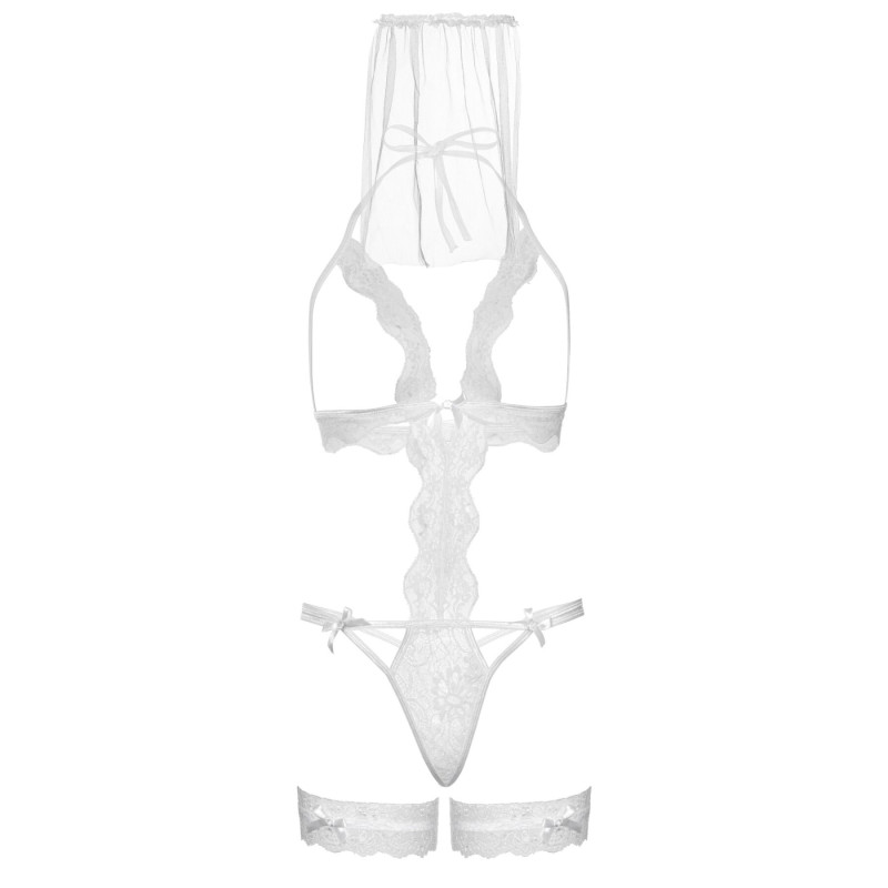 Костюм нареченої Leg Avenue G-string teddy, veil & garter White One size, з відкритими грудьми Костюм нареченої Leg Avenue G-string teddy, veil & garter White One size, з відкритими грудьми