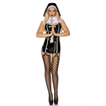Виниловый костюм монахини Leg Avenue Sinful Sister XL, комбинезон, воротник, пояс, головной убор