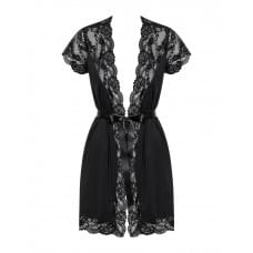Сатиновый открытый пеньюар на поясе Obsessive 810-PEI–1 peignoir black черный L/XL
