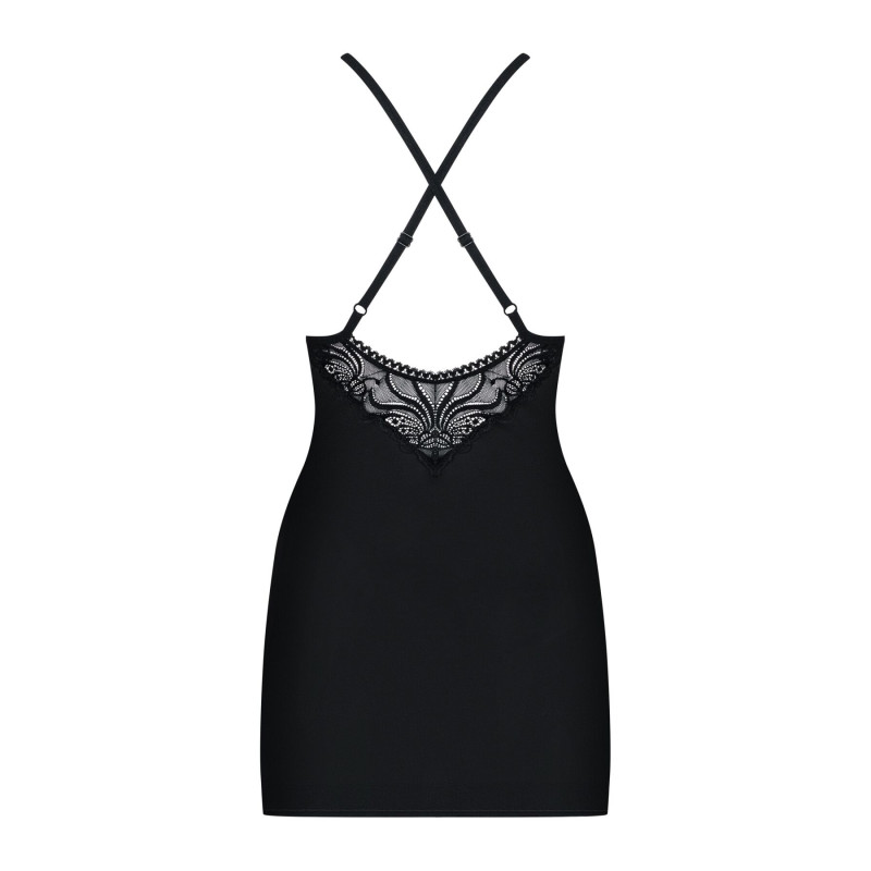 Сатиновый комплект для сна с кружевом Obsessive 828-CHE-1 chemise & thong черный S/M Сатиновый комплект для сна с кружевом Obsessive 828-CHE-1 chemise & thong черный S/M