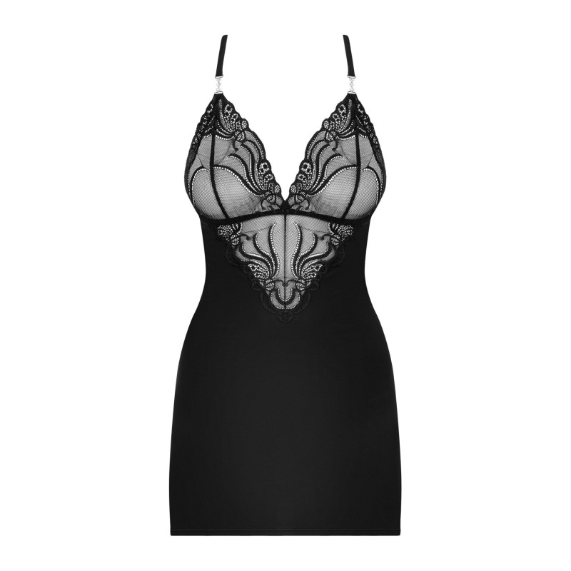 Сатиновый комплект для сна с кружевом Obsessive 828-CHE-1 chemise & thong черный S/M Сатиновый комплект для сна с кружевом Obsessive 828-CHE-1 chemise & thong черный S/M