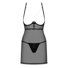 Прозрачная рубашка с открытой грудью Obsessive Pearlove chemise & thong black S/M