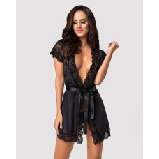 Сатиновый открытый пеньюар на поясе Obsessive 810-PEI–1 peignoir black черный 2XL/3XL