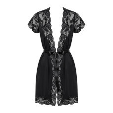 Сатиновый открытый пеньюар на поясе Obsessive 810-PEI–1 peignoir black черный 2XL/3XL