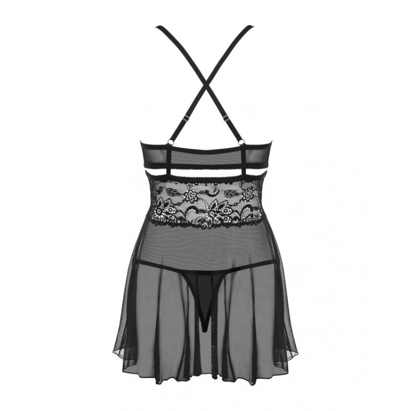 Эротический кружевной комплект с сеточкой Obsessive 838-BAB-1 babydoll & thong black L/XL