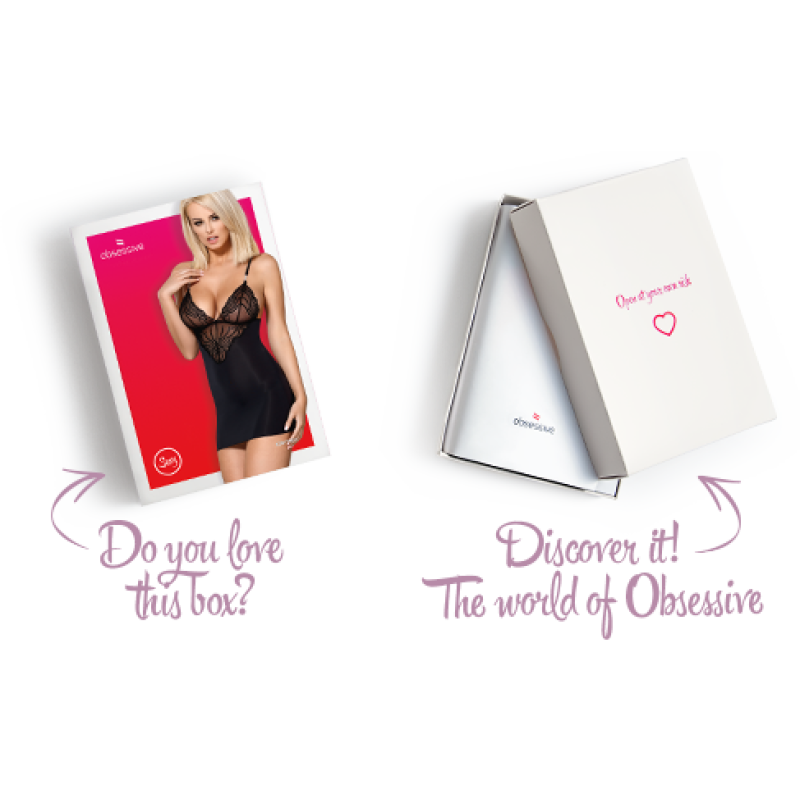 Сатиновый комплект для сна с кружевом Obsessive 828-CHE-1 chemise & thong черный L/XL