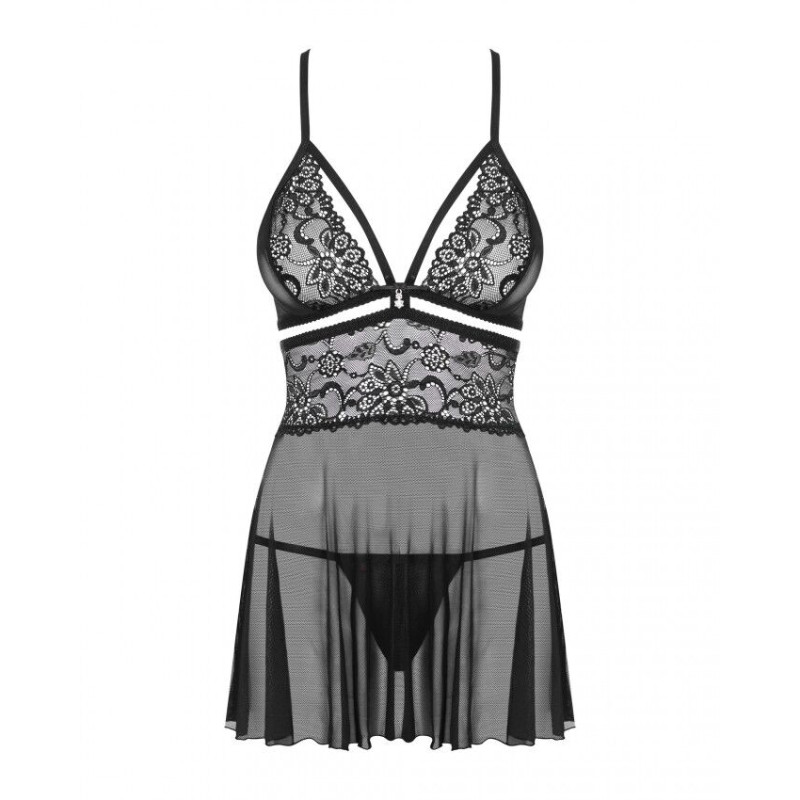 Эротический кружевной комплект с сеточкой Obsessive 838-BAB-1 babydoll & thong black L/XL
