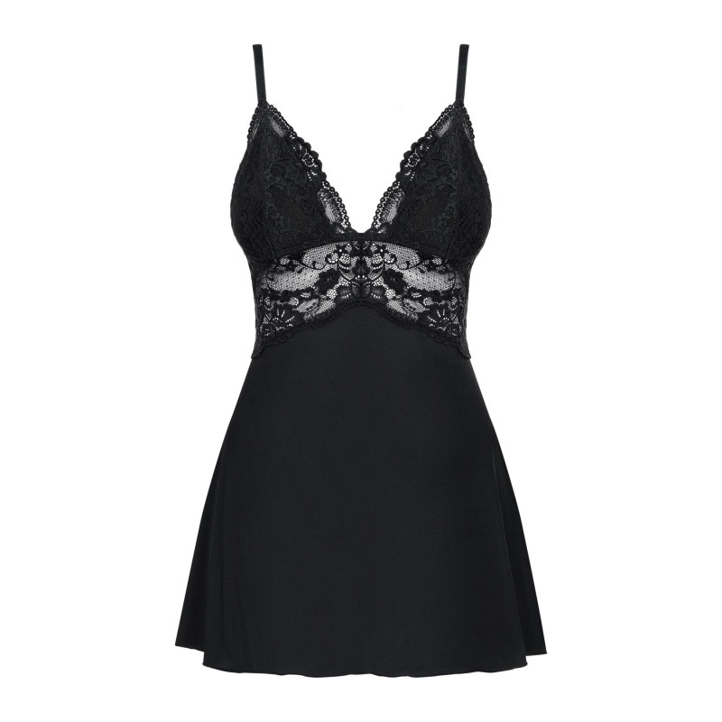 Сатиновый пеньюар с кружевом Obsessive 810-BAB-1 babydoll & thong черный S/M Сатиновый пеньюар с кружевом Obsessive 810-BAB-1 babydoll & thong черный S/M