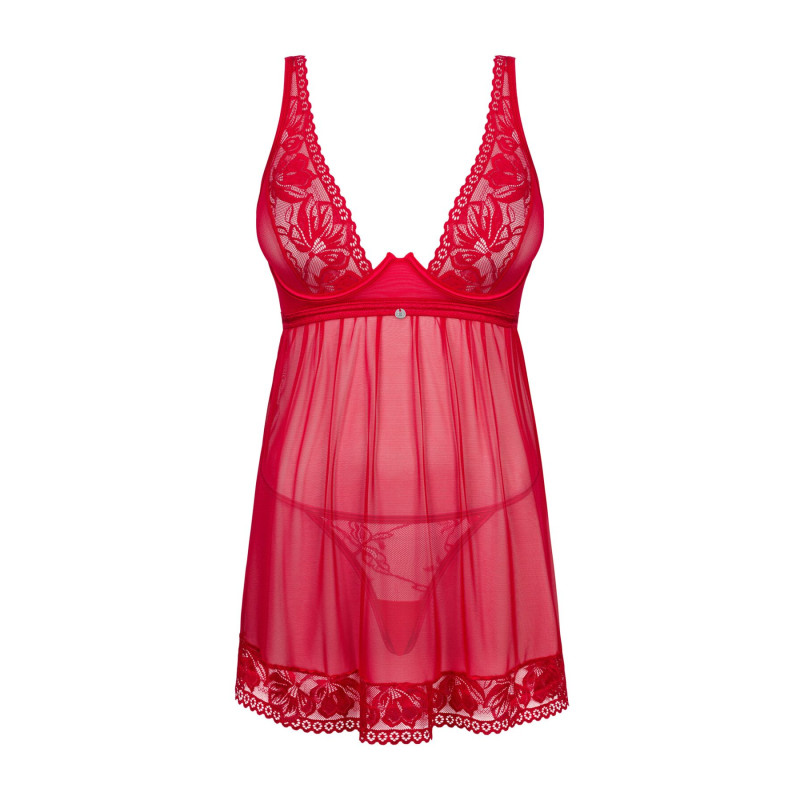 Прозрачная рубашка бэби-долл Obsessive Lacelove babydoll & thong красная M/L Прозрачная рубашка бэби-долл Obsessive Lacelove babydoll & thong красная M/L