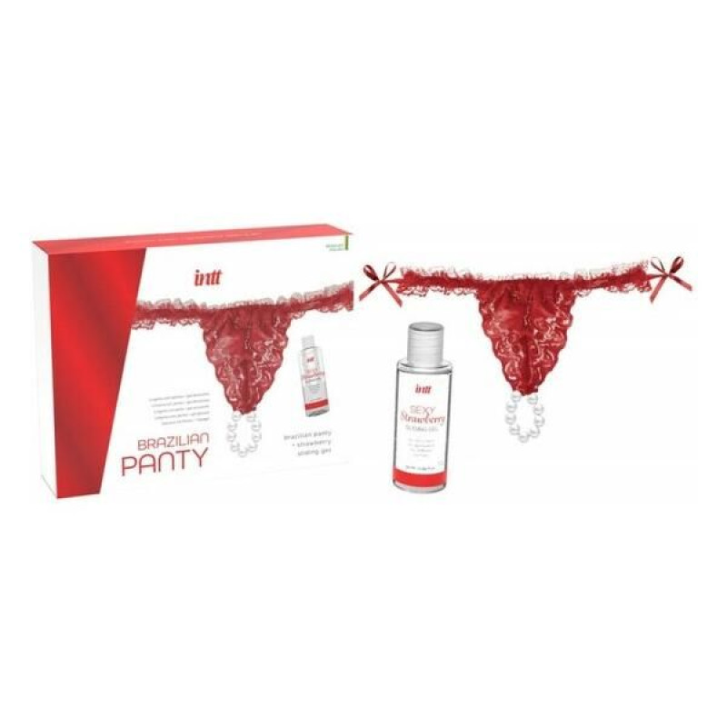 Набір Intt BRAZILIAN PANTY RED: трусики на зав’язках з перлинним кільцем + полунична змазка S-XL Набір Intt BRAZILIAN PANTY RED: трусики на зав’язках з перлинним кільцем + полунична змазка S-XL