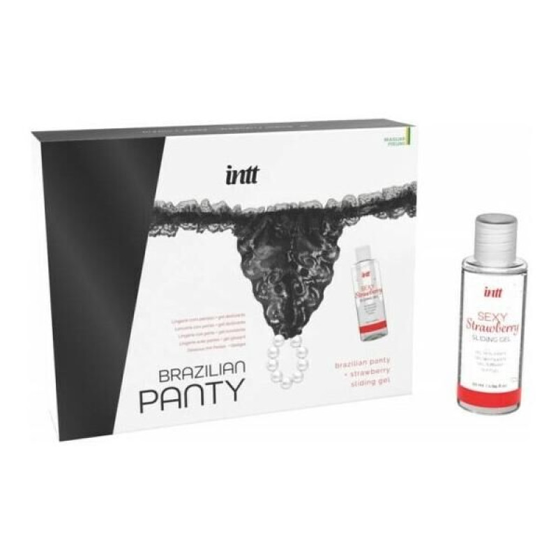 Набор Intt BRAZILIAN PANTY BLACK: трусики на завязках с жемчужным кольцом + клубничная смазка S-XL Набор Intt BRAZILIAN PANTY BLACK: трусики на завязках с жемчужным кольцом + клубничная смазка S-XL