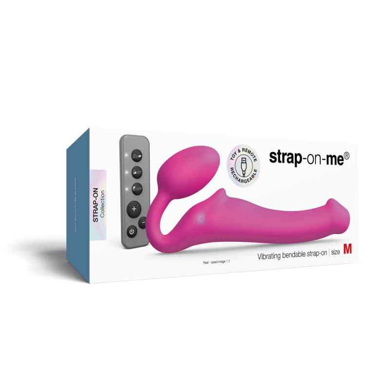 Безремінний страпон з вібрацією Strap-On-Me Vibrating Fuchsia M, діаметр 3,8 см, пульт ДК, регульований