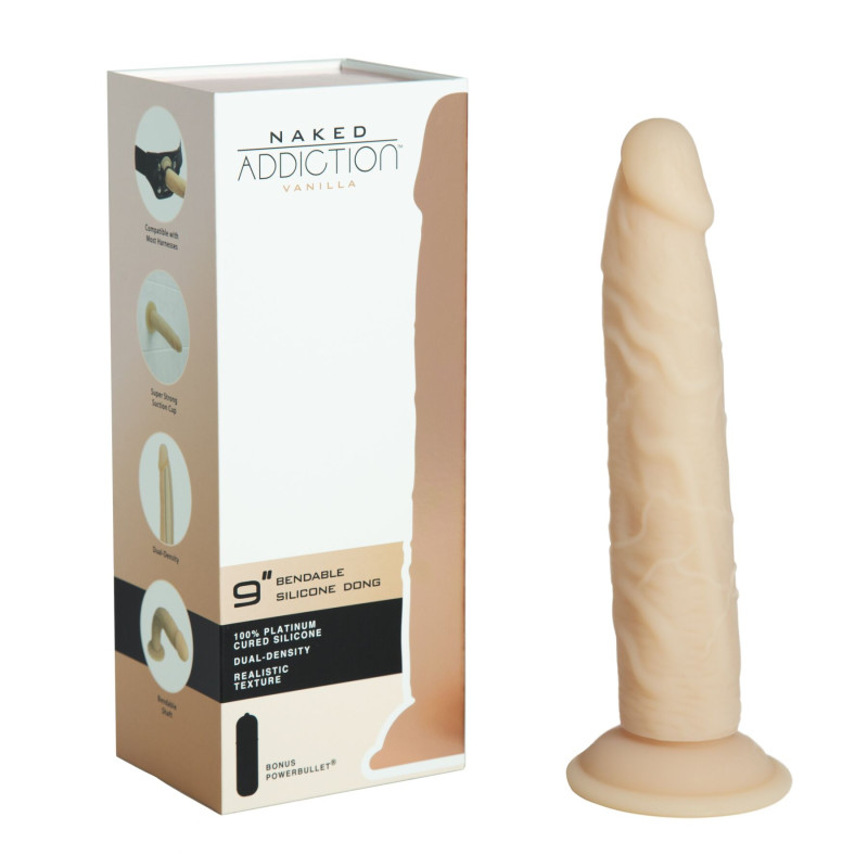 Фаллоимитатор Naked Addiction - 9″ Silicone Dual Density Bendable Dildo Vanilla, виброшар в подарке